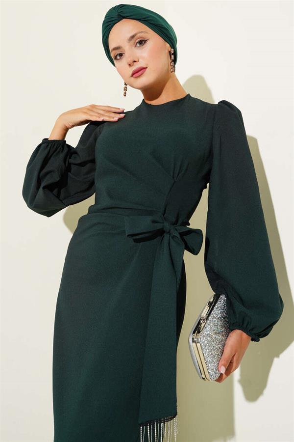 Tassel Stone Side Tie Evening Dress Emerald