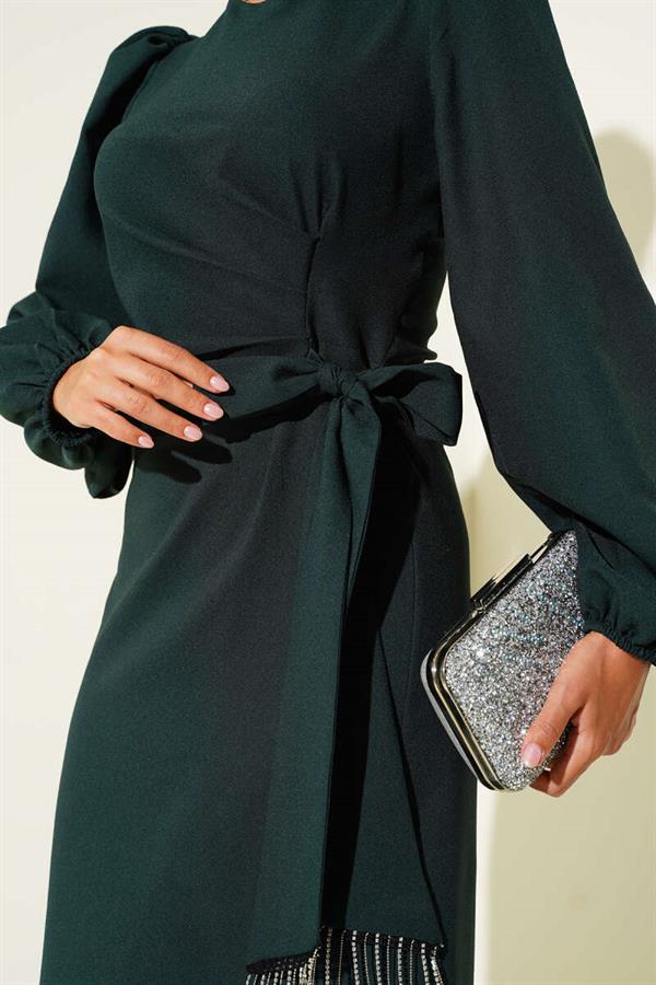 Tassel Stone Side Tie Evening Dress Emerald