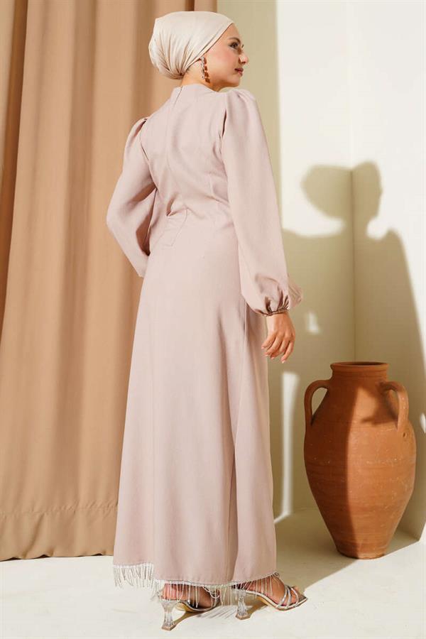 Tassel Stone Side Tie Evening Dress Beige