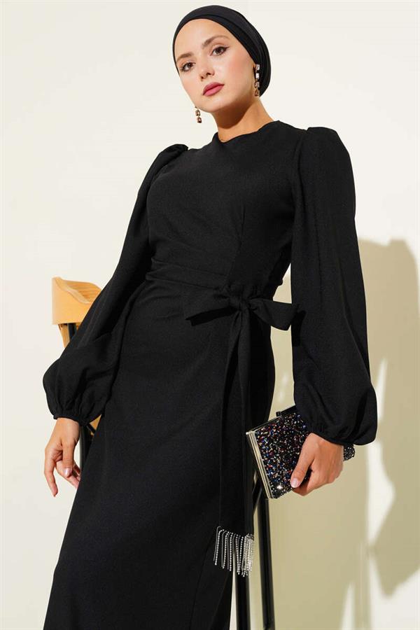 Tassel Stone Side Tie Evening Dress Black