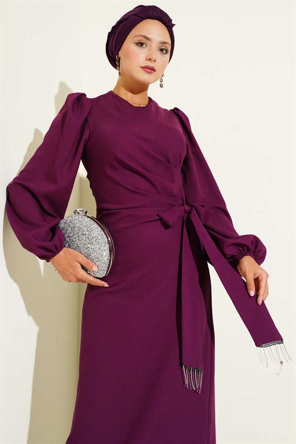 Tassel Stone Side Tie Evening Dress Purple