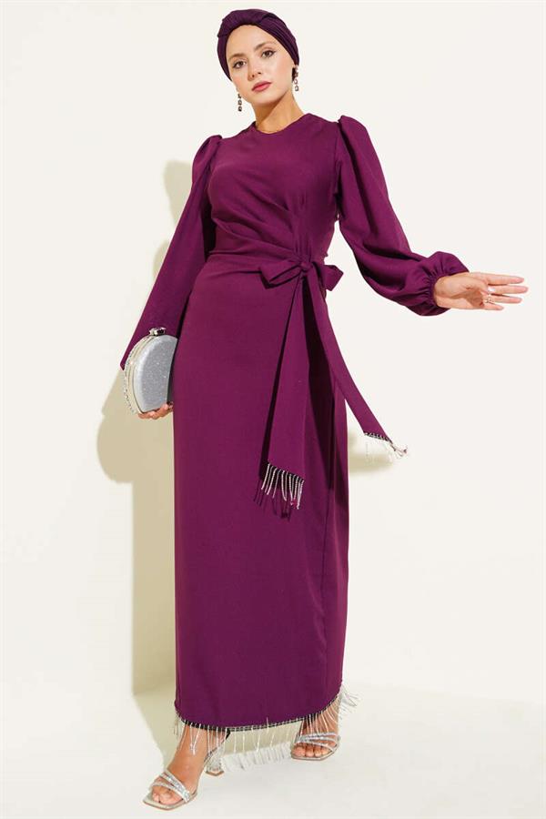 Tassel Stone Side Tie Evening Dress Purple