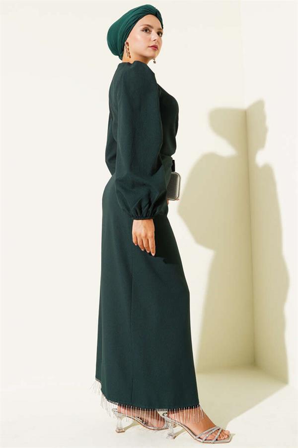 Tassel Stone Side Tie Evening Dress Emerald