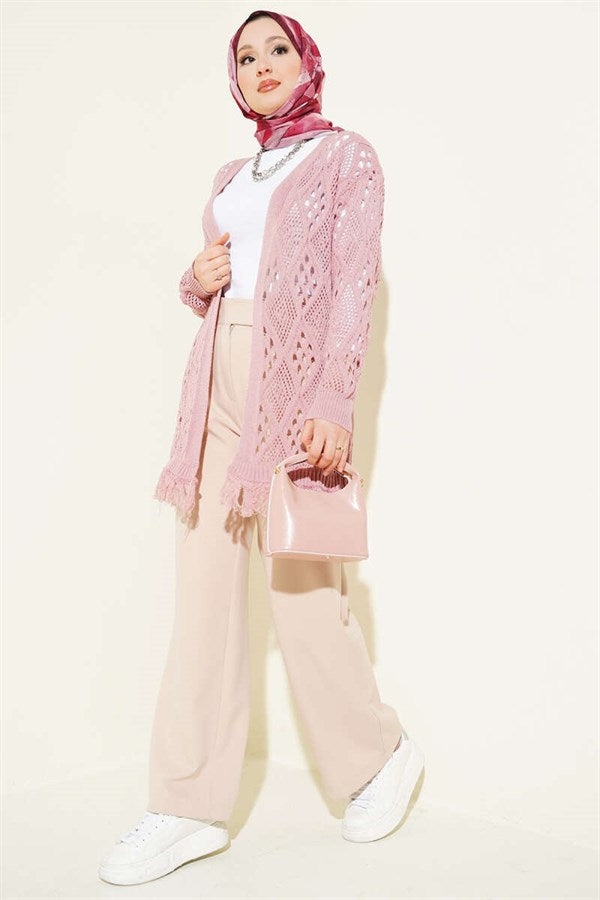 Tasseled Baklava Pattern Openwork Cardigan, Rose Pink
