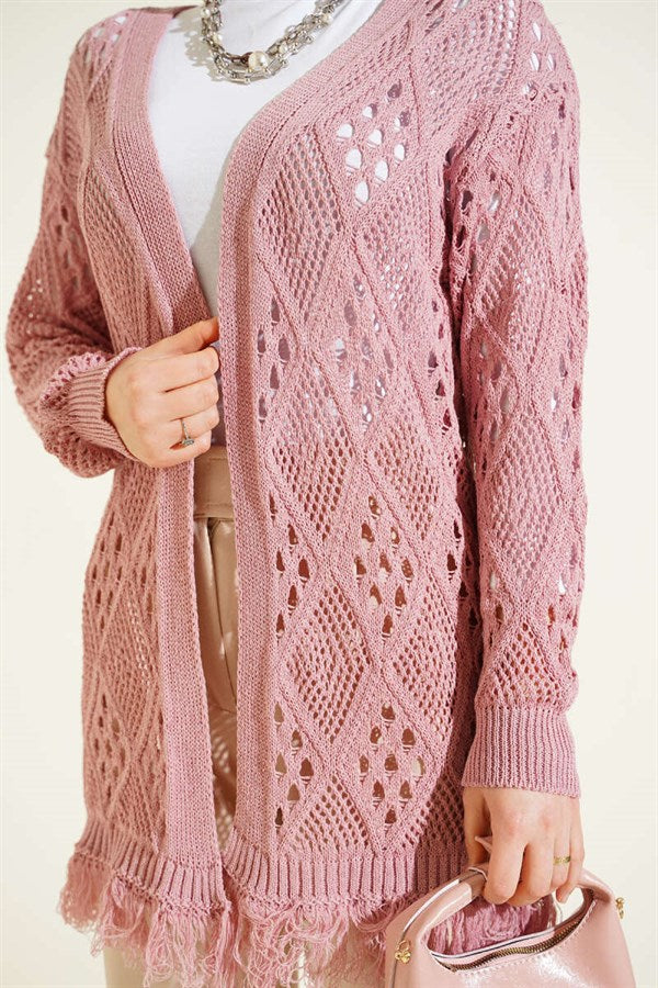 Tasseled Baklava Pattern Openwork Cardigan, Rose Pink