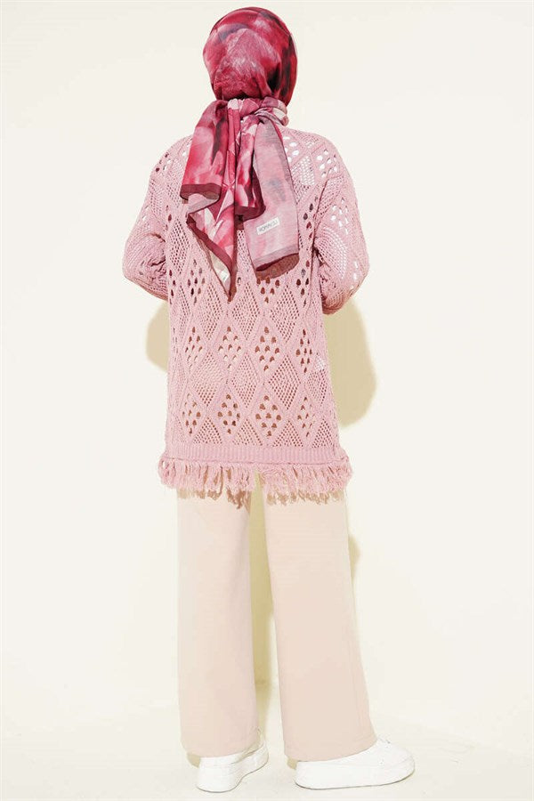 Tasseled Baklava Pattern Openwork Cardigan, Rose Pink