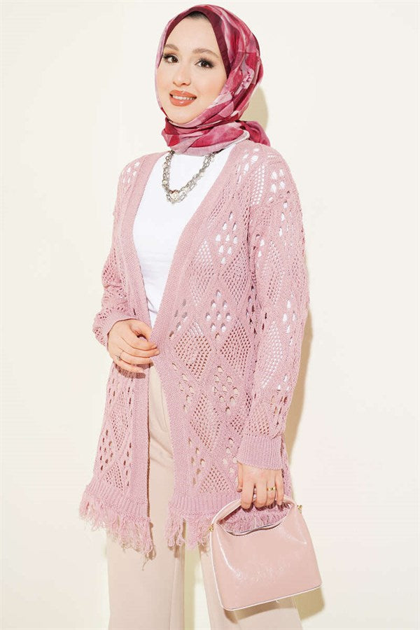 Tasseled Baklava Pattern Openwork Cardigan, Rose Pink