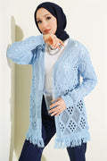 Tasseled Baklava Pattern Openwork Cardigan Blue
