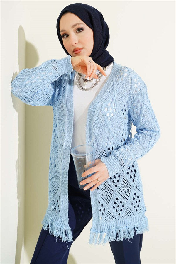 Tasseled Baklava Pattern Openwork Cardigan Blue