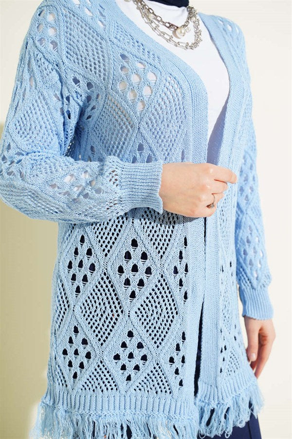 Tasseled Baklava Pattern Openwork Cardigan Blue