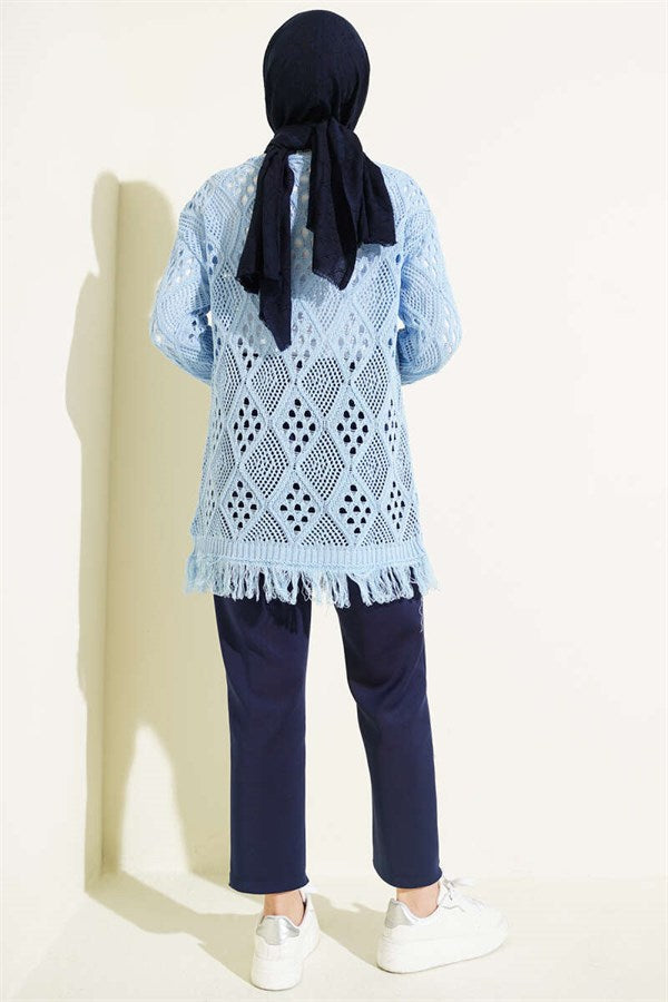 Tasseled Baklava Pattern Openwork Cardigan Blue
