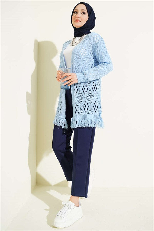 Tasseled Baklava Pattern Openwork Cardigan Blue