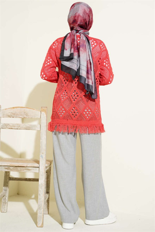 Tasseled Baklava Pattern Openwork Cardigan, Coral