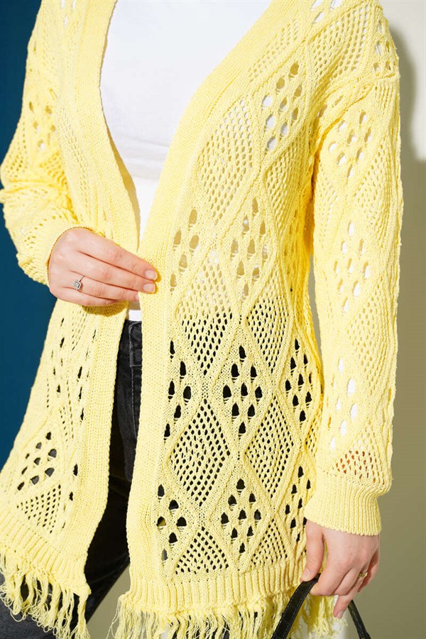 Tasseled Baklava Pattern Openwork Cardigan Yellow