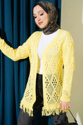 Tasseled Baklava Pattern Openwork Cardigan Yellow
