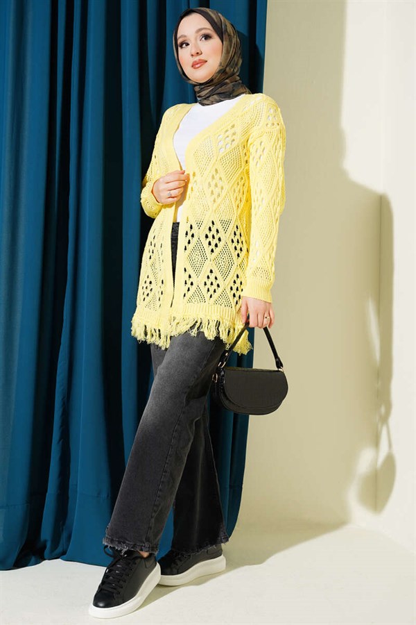 Tasseled Baklava Pattern Openwork Cardigan Yellow