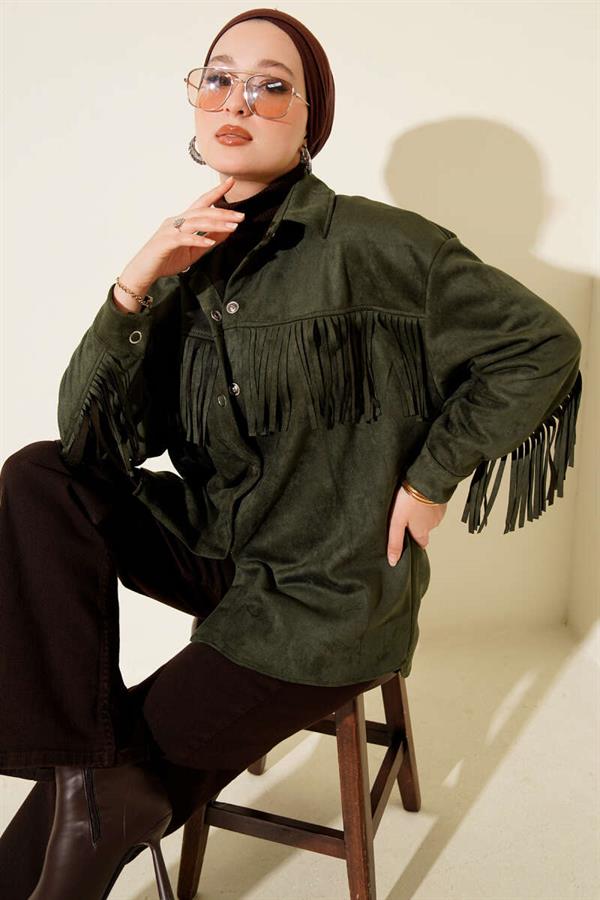 Tassel Buttoned Suede Jacket Khaki