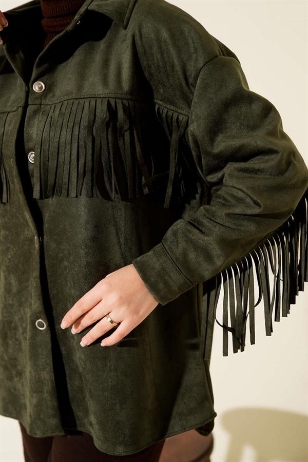 Tassel Buttoned Suede Jacket Khaki