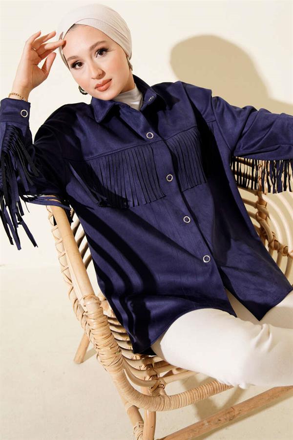 Tassel Buttoned Suede Jacket Navy Blue