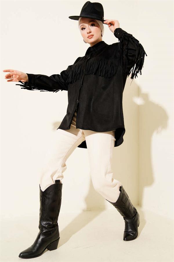 Tassel Buttoned Suede Jacket Black