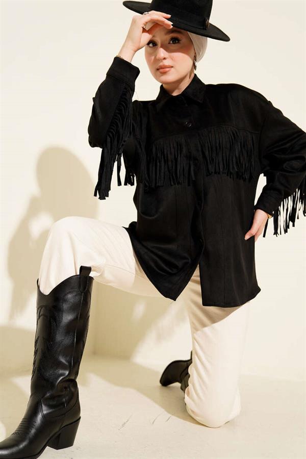 Tassel Buttoned Suede Jacket Black