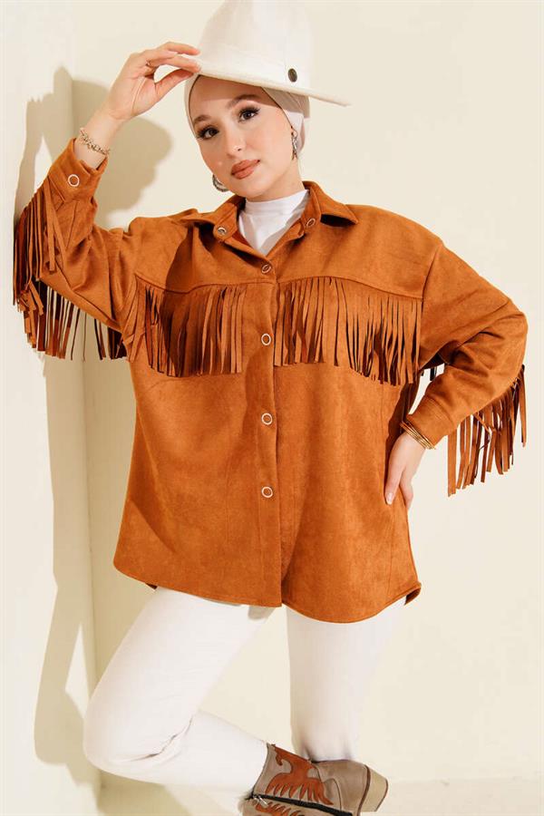 Tassel Buttoned Suede Jacket Tan