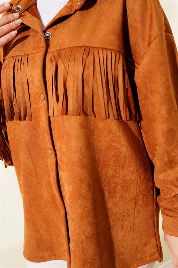 Tassel Buttoned Suede Jacket Tan