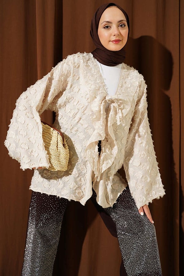 Tasseled, Ruffled, Tie-Up Kimono, Beige