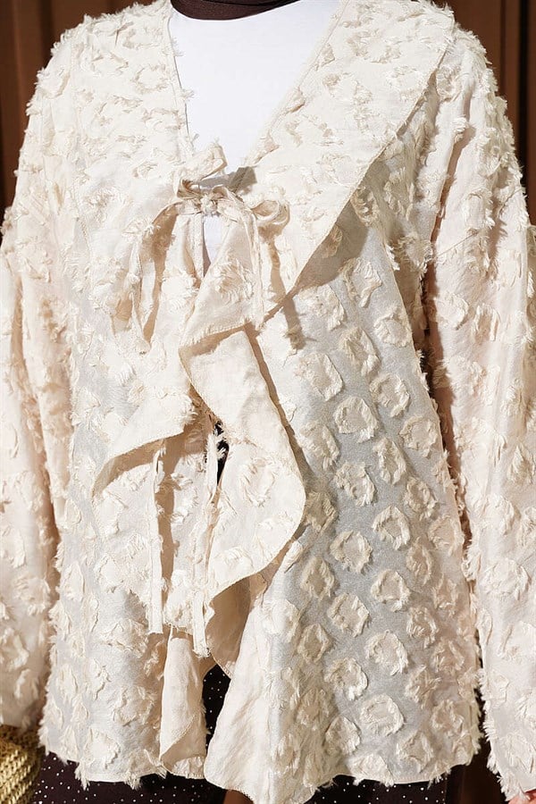 Tasseled, Ruffled, Tie-Up Kimono, Beige
