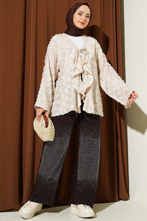 Tasseled, Ruffled, Tie-Up Kimono, Beige