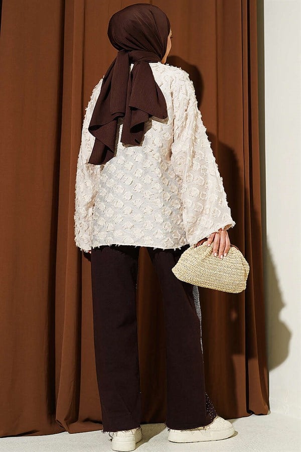 Tasseled, Ruffled, Tie-Up Kimono, Beige