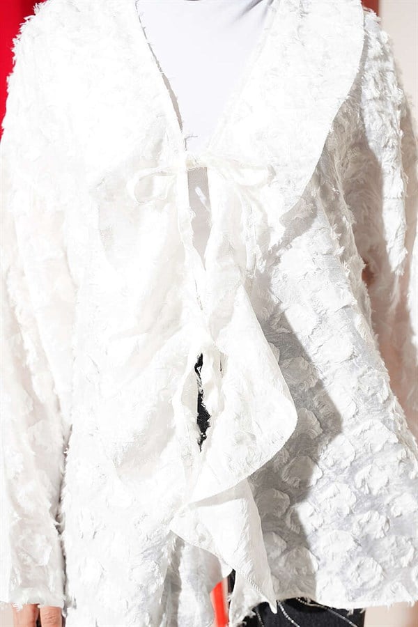 Tasseled Ruffled Tie Kimono, Ecru