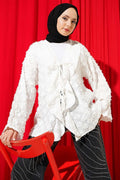 Tasseled Ruffled Tie Kimono, Ecru