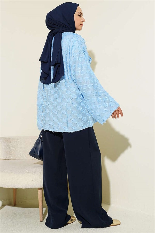 Tasseled Ruffled Tie Kimono, Blue
