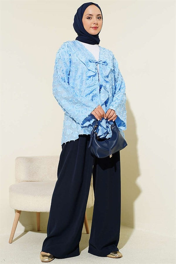 Tasseled Ruffled Tie Kimono, Blue