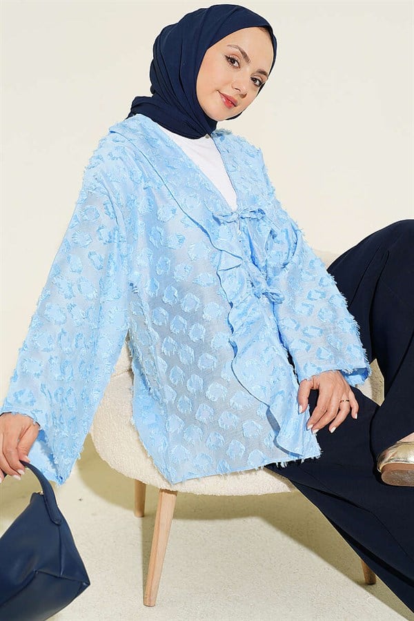 Tasseled Ruffled Tie Kimono, Blue