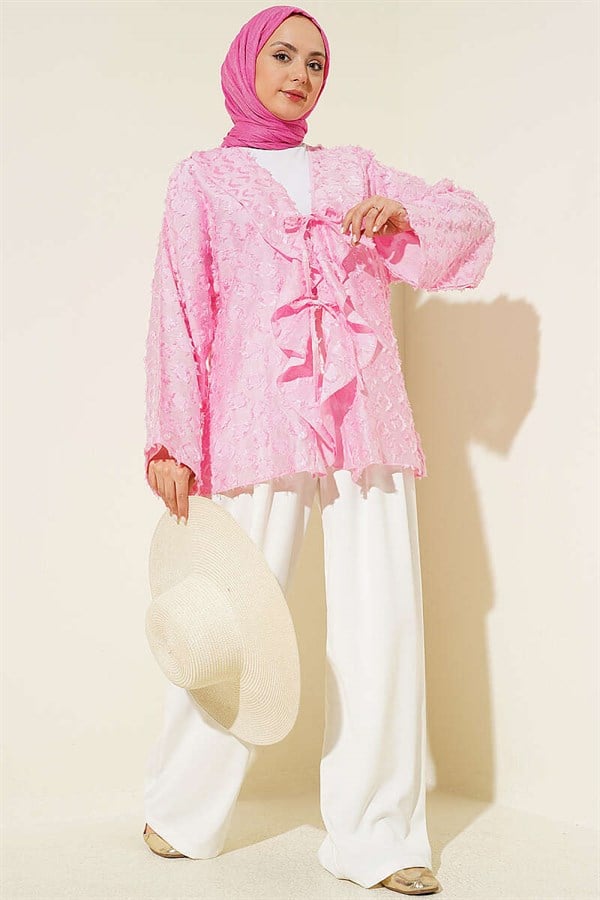 Pink Tasseled Ruffled Tie Kimono