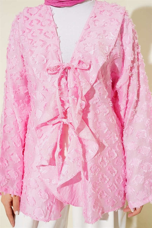 Pink Tasseled Ruffled Tie Kimono