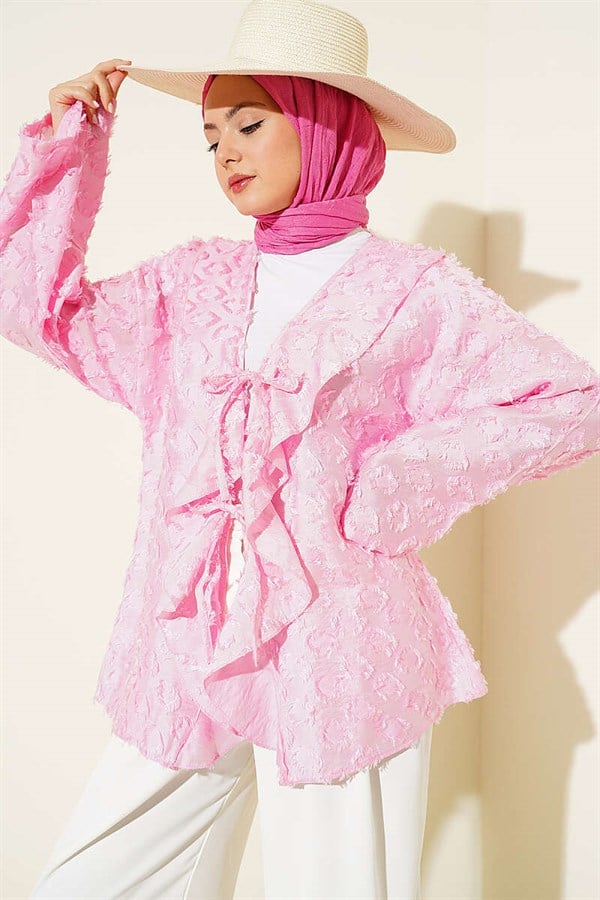 Pink Tasseled Ruffled Tie Kimono