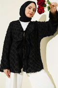 Tasseled Ruffled Tie Kimono, Black