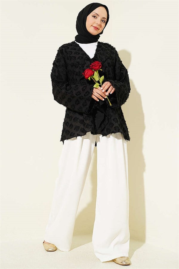 Tasseled Ruffled Tie Kimono, Black