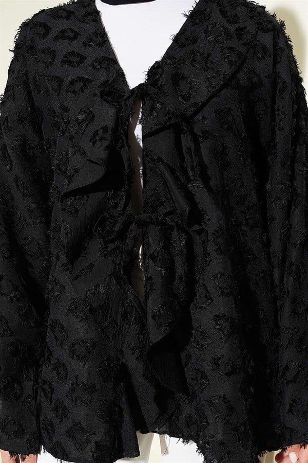 Tasseled Ruffled Tie Kimono, Black