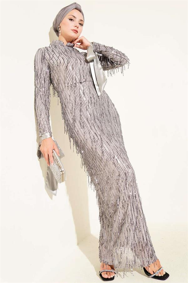Tassel Sequin Evening Dress Gray