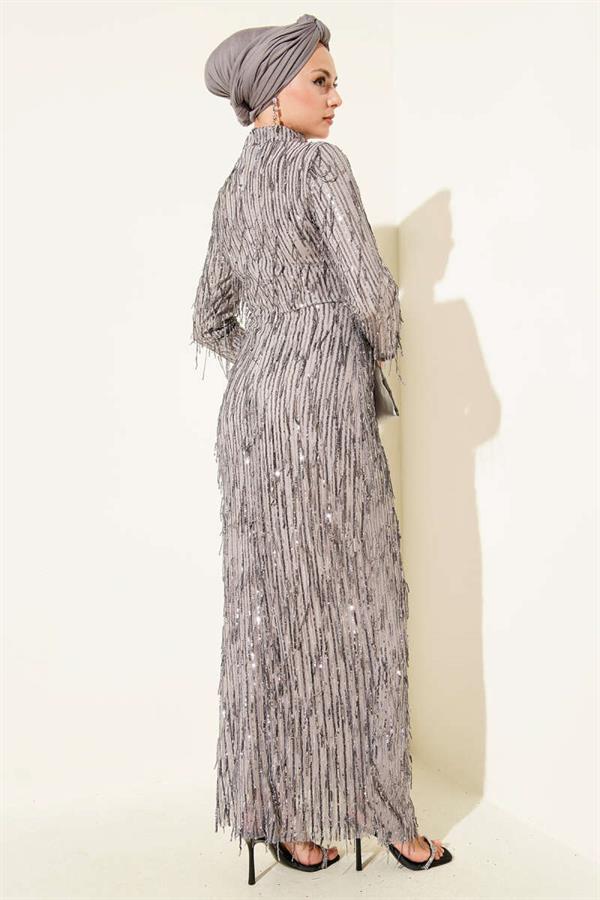 Tassel Sequin Evening Dress Gray