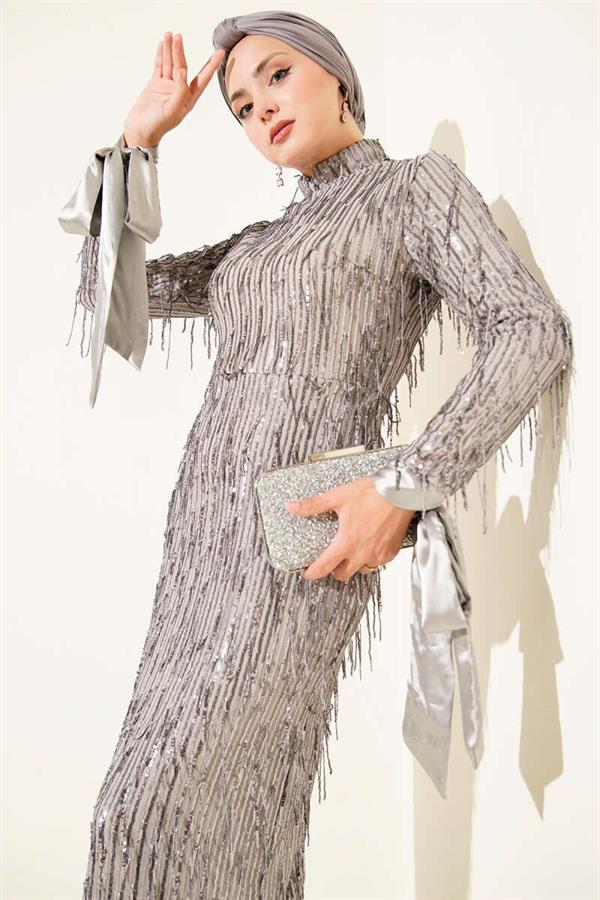Tassel Sequin Evening Dress Gray