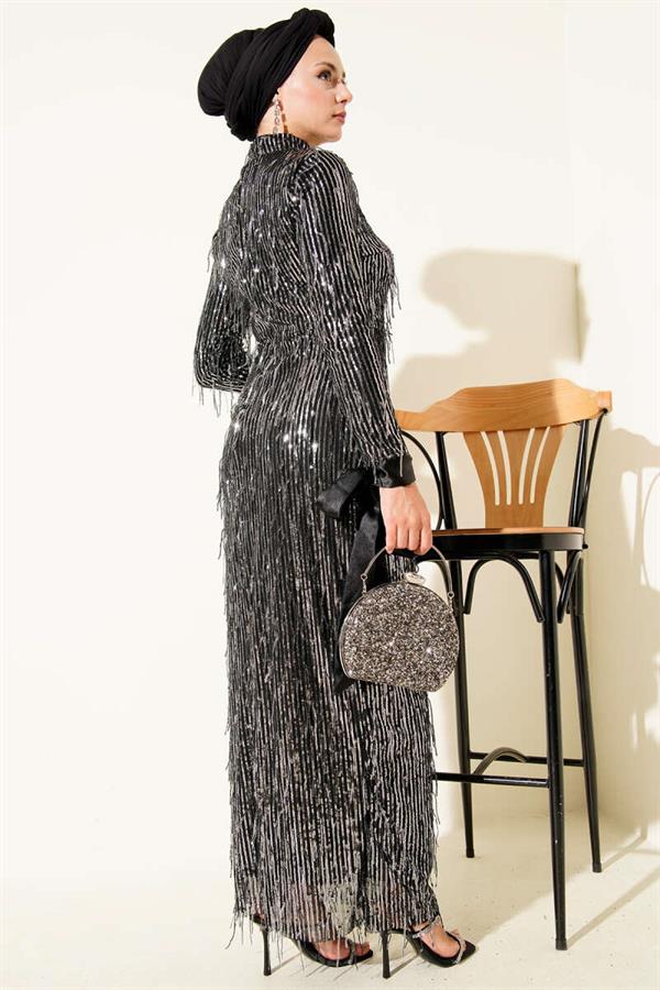 Tassel Sequin Evening Dress Black Silver
