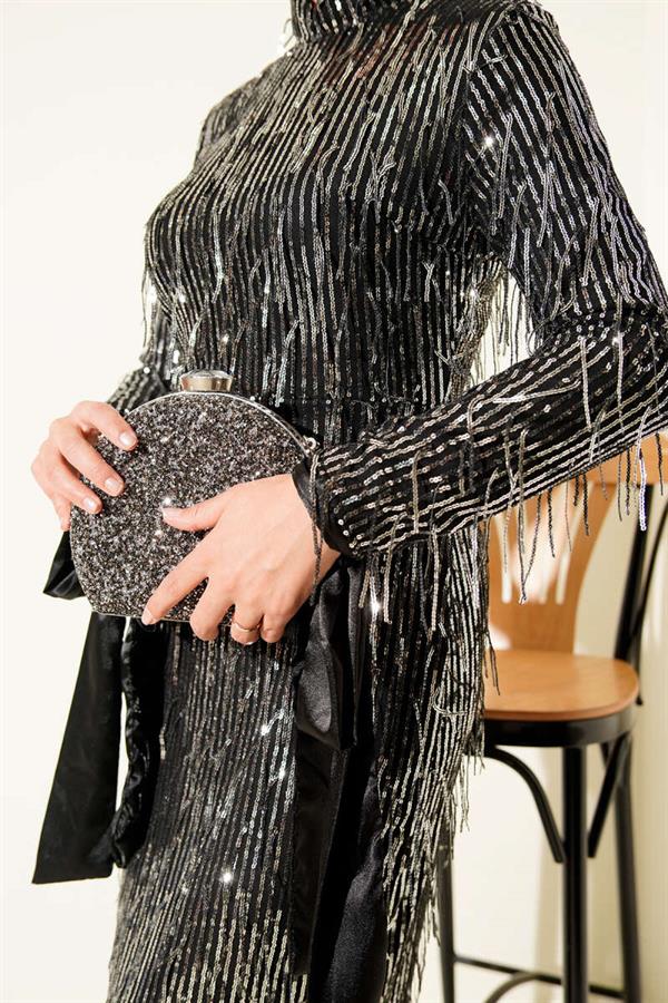 Tassel Sequin Evening Dress Black Silver