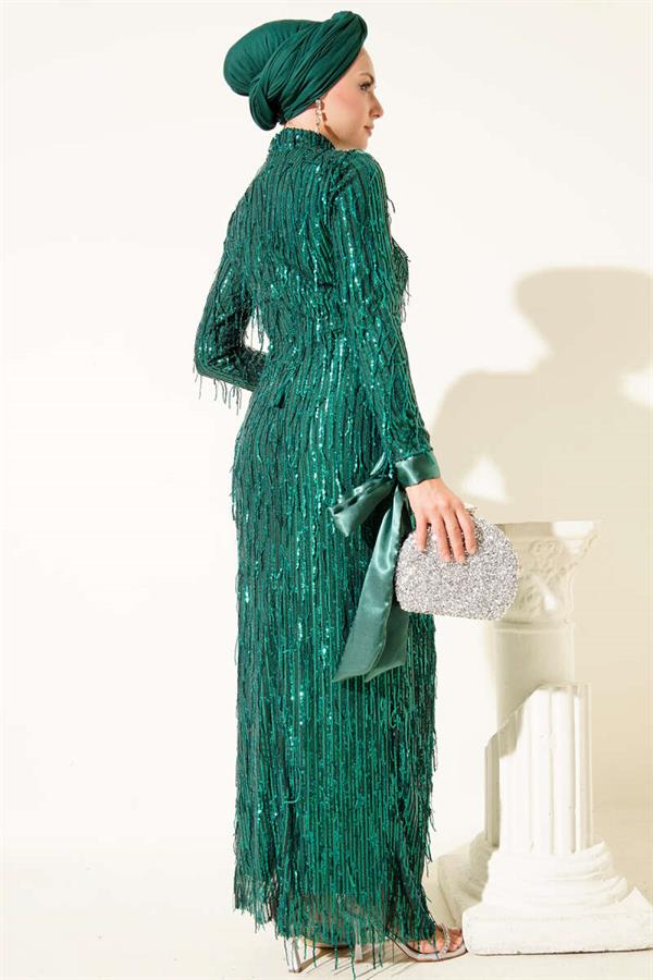 Tassel Sequin Evening Dress Emerald Green