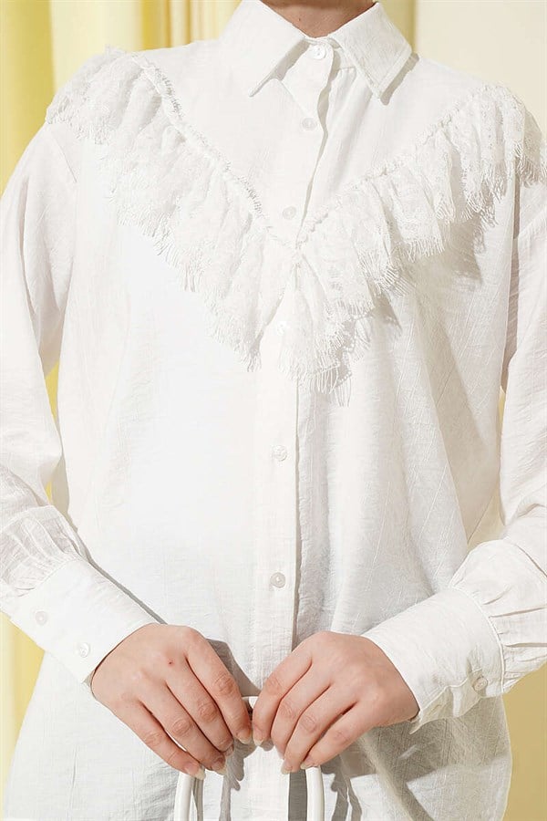 Tasseled V-Neck Lace Shirt, Ecru