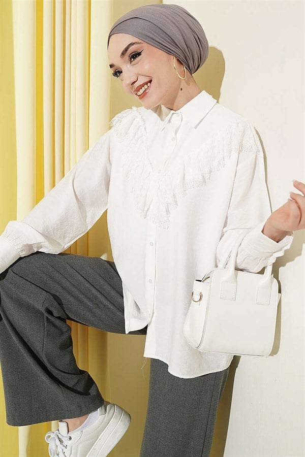 Tasseled V-Neck Lace Shirt, Ecru